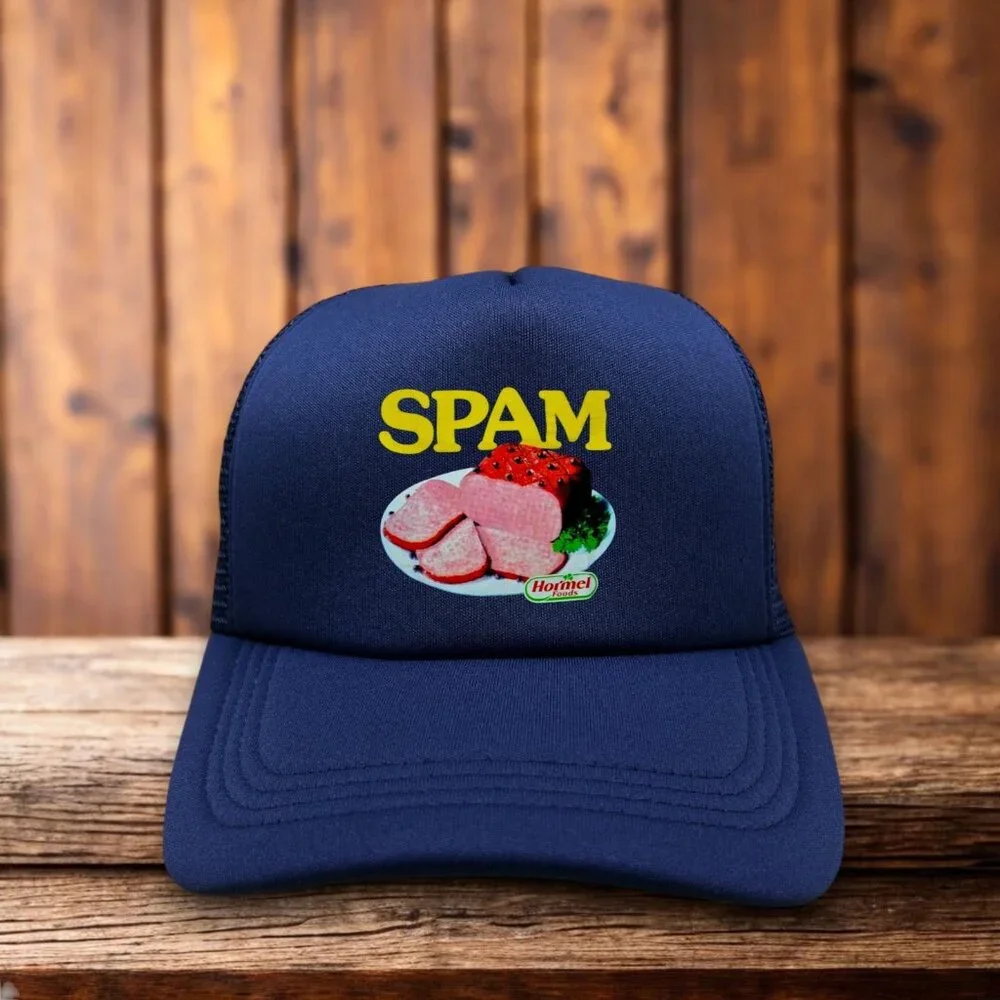 Spam Mens Trucker Hat Navy Snapback 80s Logo Pork Roll Vintage Food Ball Cap